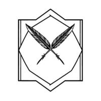 Illustration Crossed Quill Feathers in a Geometric Art Deco Style Frame, Monochrome . vector