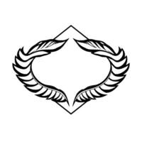 Black and white symmetrical illustration of a diamondshaped frame with featherlike elements surrounding a blank, central space. vector