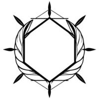 Intricate Black and White Geometric featuring a Hexagonal Frame, Feather Embellishments, and Stylized Leaf Accents. vector