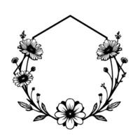 Black and white floral hexagonal frame featuring daisies and other wildflower elements, ideal for invitation borders and decorative artwork. vector