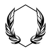 Elegant black and white featuring stylized feathers flanking a geometric hexagonal frame, ideal for branding. vector