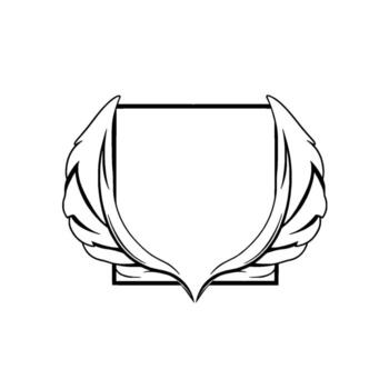 Black and White Winged Emblem A symmetrical of a shieldshaped frame enveloped by stylized feathers, set against a blank white background, creating a strong contrast. vector