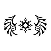 Black and white symmetrical abstract with stylized featherlike elements flanking an eightpointed star, on a white background. vector