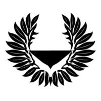 Symmetrical black laurel wreath with stylized leaves, framing a black triangular shield shape, set against white. vector