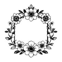 Elegant black and white floral frame, featuring a rectangular center, a beautiful botanical with detailed flower and leaf elements. vector