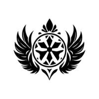 Black and White Geometric Emblem Featuring a Central Wheel with Eight Spokes, Flanked by Feathered Wings and Ornamental Flourishes. vector