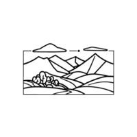 Minimalist Monochrome Landscape Geometric mountain range, rolling hills, stylized trees, and floating clouds within a framed composition. vector