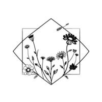 Delicate Black and White Floral Line Art Arrangement within Geometric Diamond and Square Frame, Minimalist . vector