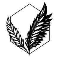 featuring two stylized feathers in black and white, framing an open hexagonal shape, creating a balanced element. vector