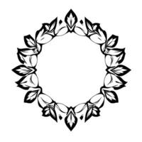 A symmetrical monochrome floral wreath, stylized with intricate leaves, forming a circular frame on a white backdrop. vector