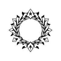 Elegant Black and White Geometric Floral Wreath with Leafy and Crystalline Details, a Circular Frame on White Background. vector