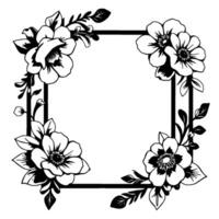 Elegant black and white floral square frame, featuring stylized flowers and foliage at each corner, creating a decorative border . vector