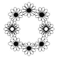 Circular floral illustration of eight daisies arranged in a wreath, each outlined in black with textured centers, all isolated on a white background. vector