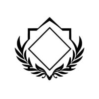 Black and White Emblem A geometric frame with a diamond inside, encircled by laurel leaves, creating a minimalist and symbolic . vector