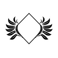 Black and white minimalist emblem featuring diamond frame flanked by stylized, symmetrical winglike feather elements, clean and modern. vector