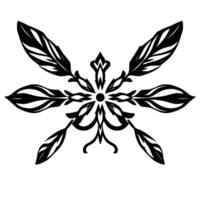 Symmetrical Black and White Decorative Floral with Feather and Leaf Motifs Radiating from a Central Dot. vector