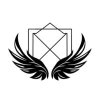 Black and White Geometric Featuring Winged Symbol with Angular Frame and Cross Elements. vector