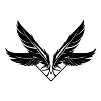 Symmetrical stylized black feather wings illustration, sharp detail, minimalistic on a white background, representing freedom. vector