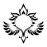 Symmetrical Black and White Decorative Floral Motif, Circular Center, Leafy, Pointed Shape, Minimalist . vector