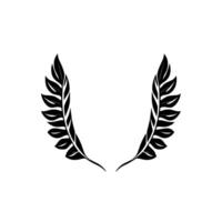 A symmetrical, highcontrast, minimalist black leaf illustration of a wreath composed of two elegant, upwardcurving branches on a clean white background. vector