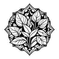 Ornate Black and White Botanical Mandala with Lush Foliage, Geometric Frame, and Decorative Elements on White Background. vector