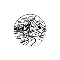 Black and white circular illustration of a mountain landscape with a winding road, trees, and clouds. vector