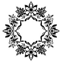 Symmetrical Black and White Floral Wreath , Circular Composition, Elegant Botanical Pattern, Decorative Border Element. vector