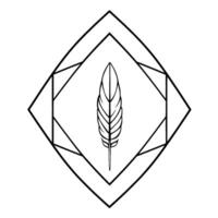 A stylized, symmetrical illustration of a feather contained within a geometric diamond frame, outlined in black on white. vector