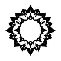 Intricate Black and White Mandala Floralinspired, symmetrical radial art with detailed leaf and pointed petal patterns surrounding a circular white space. vector