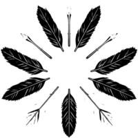 Stylized Black and White Arrangement Radial Composition of Feathers and Floral Elements on a Clean White Backdrop, Emphasizing Symmetry. vector