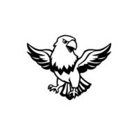 A stylized, monochromatic illustration of a fierce eagle in midflight, wings spread wide, featuring bold black outlines and a minimalist aesthetic, on a stark white background. vector