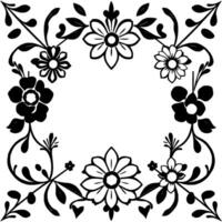 Intricate Black and White Floral Border Symmetrical Pattern of Flowers, Leaves, and Vines, Creating a Decorative Square Frame. vector