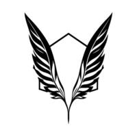 Abstract Emblem Symmetrical black feather wings with a geometric hexagonal shape in a minimalist, modern . vector