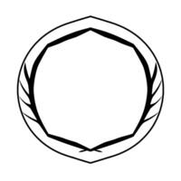 Geometric, stylized black and white badge featuring a multifaceted frame with leaflike decorative elements, set against a plain white background. vector