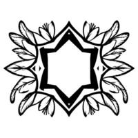 Geometric Black White Floral Motif with an Octagonal Central Frame and Ornamental Feathered and Leafy Accents on a White Backdrop. vector