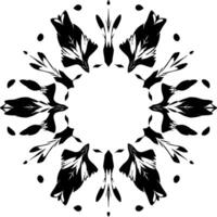 Symmetrical black and white floral mandala with featherlike shapes radiating from a central circle, minimal and elegant. vector