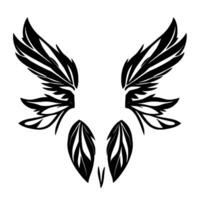 Black and White Illustration of a Stylized Winged Emblem with Feathery Details on a White Background, symmetrical . vector