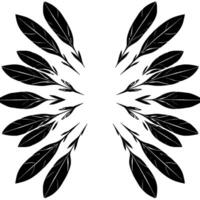 A symmetrical illustration of black feathers radiating outward from a central empty circle, creating a element against a stark white background. vector