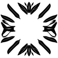Symmetrical black feather arranged in a circular pattern, set against a stark white backdrop. vector