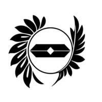 Symmetric Black and White Emblem Featuring Geometric Shape Enclosed by Floral Wreath on a White Background. vector