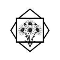 Black and white illustration of five daisies in a square frame, set inside a diamond shape, against a white backdrop. vector