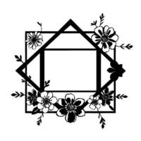 Geometric Floral Frame A minimalist featuring a square and diamond frame, adorned with stylized flowers and leaves in black and white. vector