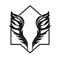 Symmetrical Black Feathered Wing Within Geometric Frame on White, Minimalist Emblem, Symbolic Imagery. vector