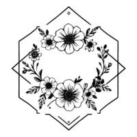 A delicate black and white floral wreath , comprised of outlined flowers and leaves arranged within a geometric hexagonal frame. vector
