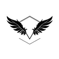 A symmetrical, stylized black feather wing with a central diamond outline, creating a minimalist aesthetic. vector