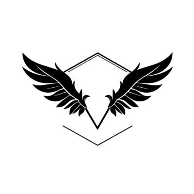 A symmetrical, stylized black feather wing with a central diamond outline, creating a minimalist aesthetic.