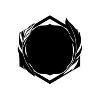 Geometric Hexagon with a Black Center framed by a Circular Silhouette, Adorned by Elegant Feather Embellishments in a Simple Monochrome . vector