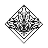 Black and white symmetric heraldic featuring feathers and wings within a diamond frame, evoking elegance and sophistication. vector