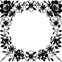 Elegant Black and White Floral Frame Border with Varied Flower Designs, Leaves and Central Empty Circle for Text. vector