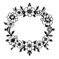 A botanical, symmetrical wreath illustration in black and white, composed of detailed line art flowers, leaves and stems, creating an elegant, decorative floral border with an open, empty center, and vector